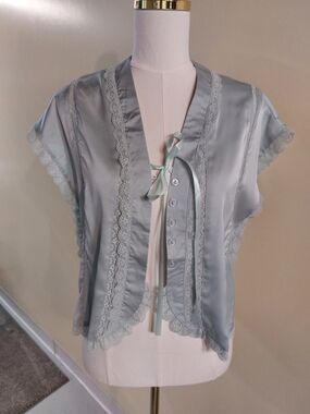 Satin Lace-Trim Tie-Front Blouse